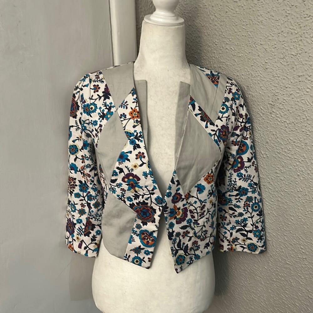 Anthropologie Elevenses Color Block Floral Cropped Open Front Jacket 0 Dopamine